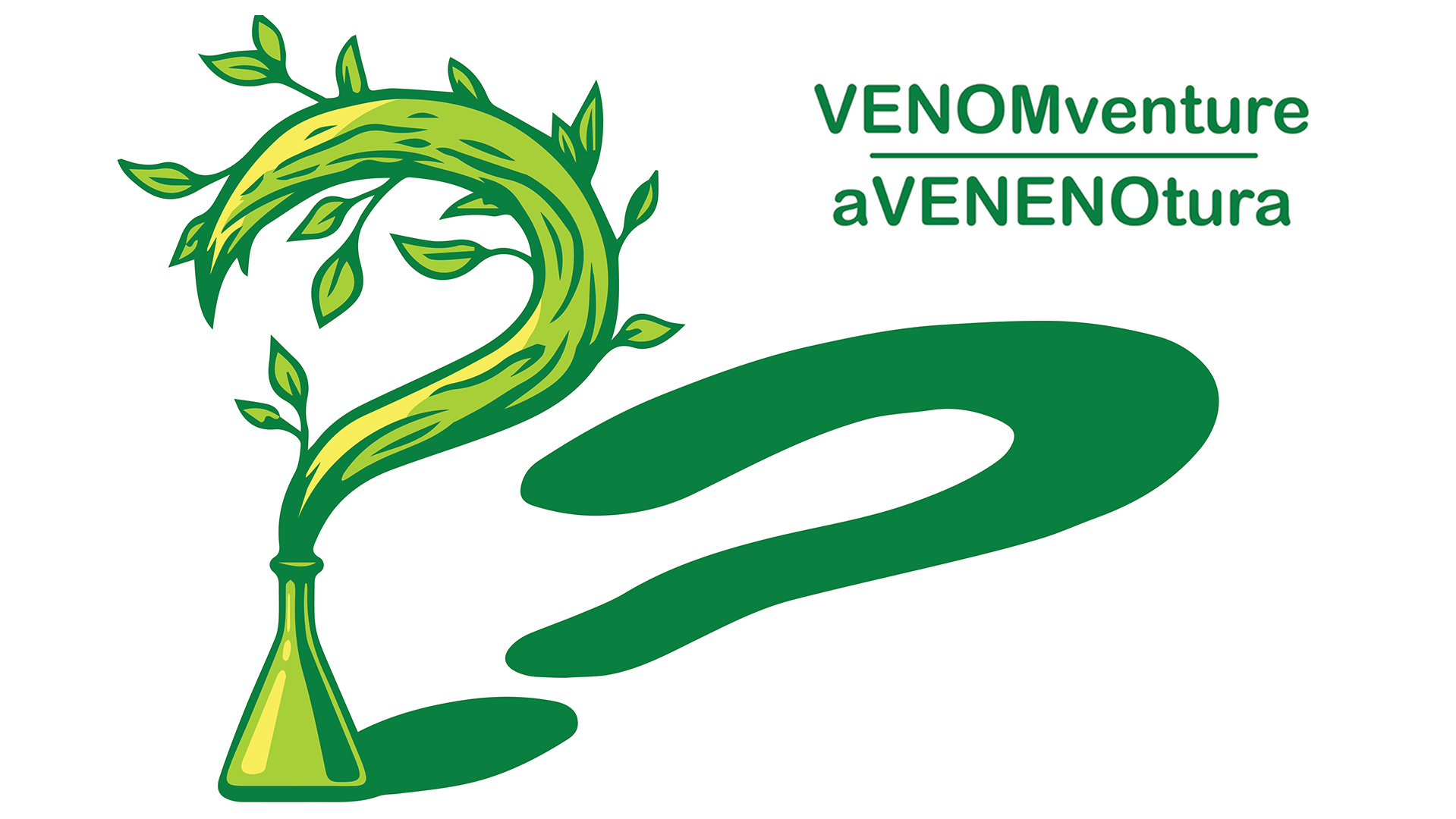Green leafy plant in shape of question mark, with green question mark shadow. Text: VENOMventure | aVENENOtura
