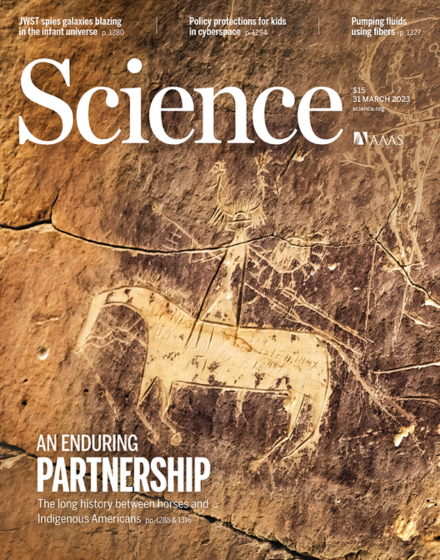 The March 31, 2023 issue of Science showing rock art of a horse.