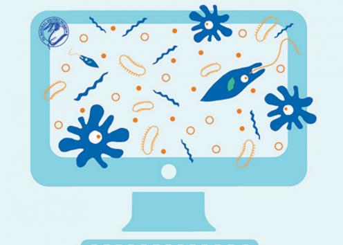 illustration of a computer in light blue with a screen full of microbes and amoebas 
